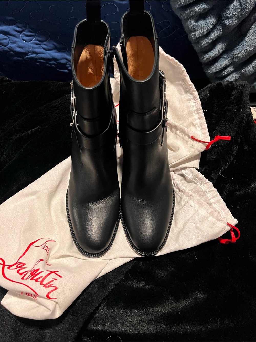 Christian Louboutin Black Leather Mid-Heel Ankle Boots with Red Sole - Picture 2 of 6